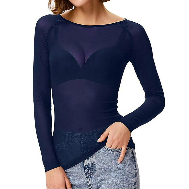 SMihono Clearance Mesh Splicing Shirts for Women Fashion Ladies Solid Sexy  See-Through Long Sleeve Slim Fit Cerw Neck Hollow Seamless Arm Shaper Top  Blouse Female Leisure Navy XL 