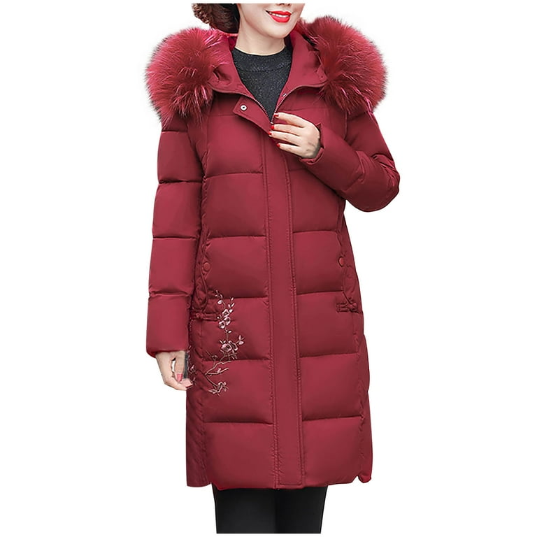 SMihono Clearance Mid Length Slim Fitted Plush Lapel Padded Jacket Mother's  Cotton Coat Winter Warm Long Sleeve Zip Up Hoodie Button Pocket Female  Outerwear Red XXXL 