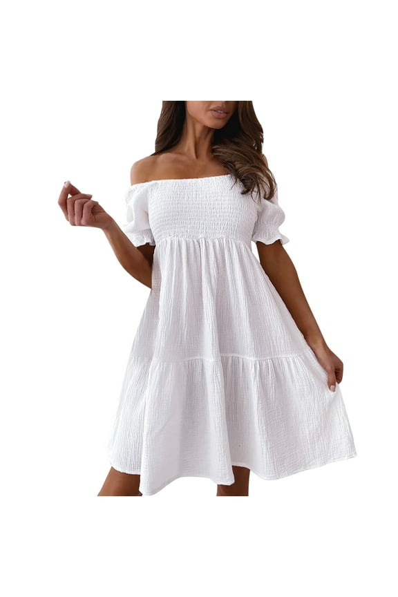 Pleated Swing Midi Dresses for Women Womens Skinny Slim Fashion Casual Slim Summer Off The Shoulder Slash Neck Pullover Short Sleeve Female Outwear White 8