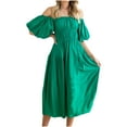 thumbnail image 1 of SMihono Clearance Pleated Swing Midi Dresses for Women Womens Skinny Slim Fashion Casual Slim Summer Off The Shoulder Slash Neck Pullover Short Sleeve Female Outwear Green 4, 1 of 7