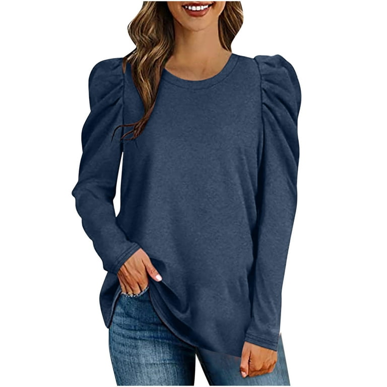 SMihono Clearance Puff Sleeve Sweatshirt Tops Blouse Crew Neck Womens Loose  Female Leisure Casual Outwear Womens Fashion Long Sleeve Solid Color Navy L  