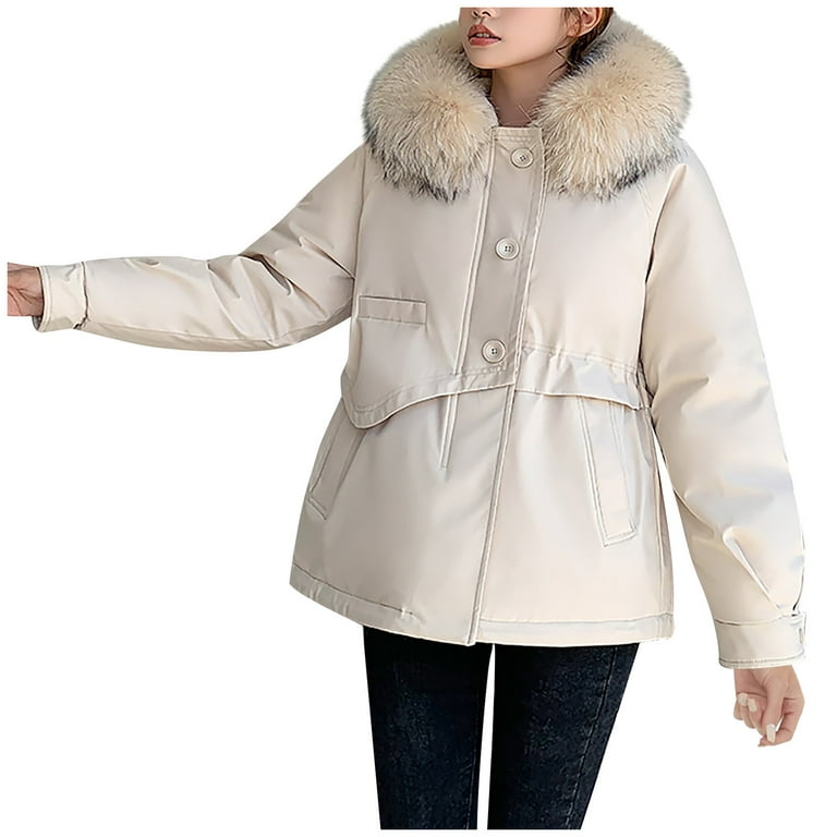 SMihono Clearance Removable Big Plush Collar Cotton Jacket Coat Tops for  Womens Winter Thickening And Velvet Keeping Warm Casual Long Sleeve  Hoodless Pocket Female Outerwear Beige M 