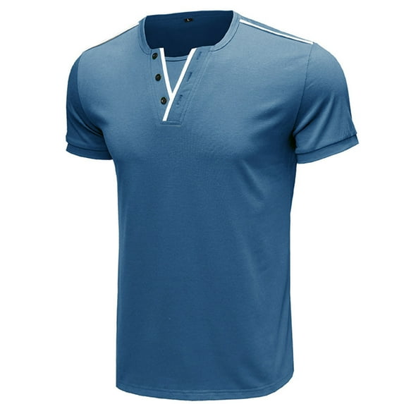 SMihono Clearance Short Sleeve Half Button Up Henley Neck Loose Casual Trending Blouse Tops Lapel Shirts for Men Solid Color Plus Size Summer Fashion Male Leisure Blue 8