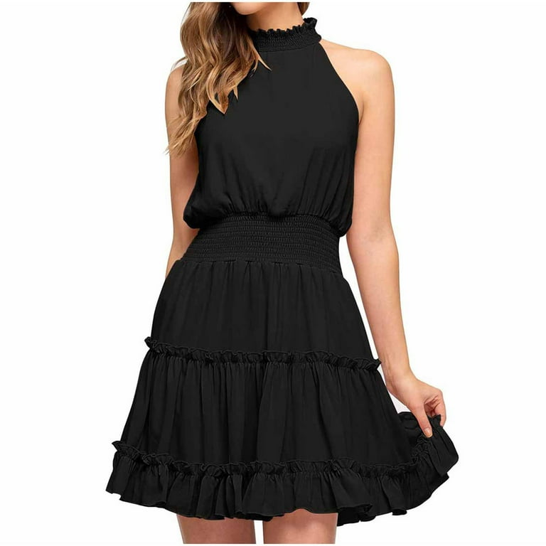 SMihono Clearance Sleeveless Mini Short Dresses for Women Fashion Womens  Skinny Slim Summer Solid Color Sexy Halter Neck Sleeveless Elastic Waist  Casual Female Outwear Black L 