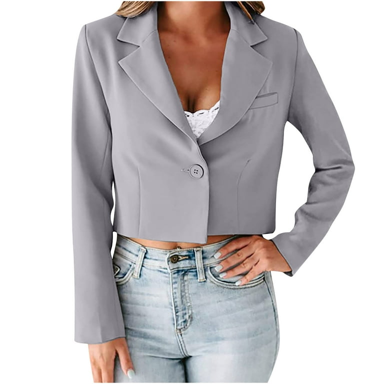 SMihono Clearance Slim Fit Cropped Short Long Sleeve Cardigan Blazer Womens  Business Attire Lapel Solid Color Coat Tops for Women Female Outerwear Gray  XXL 