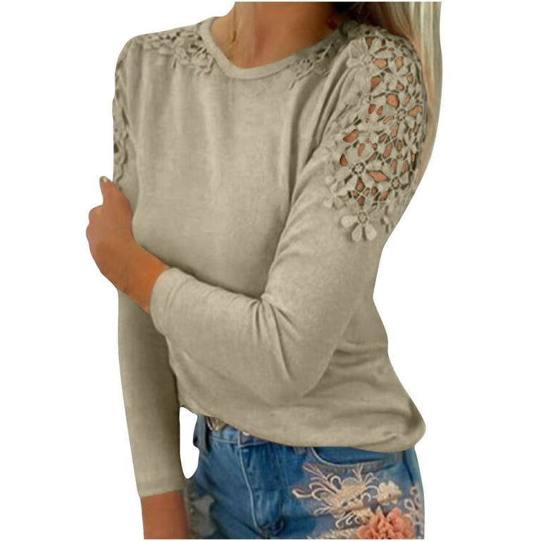 SMihono Clearance Slimming Blouse T-Shirts for Women Tops Women Casual  Solid Color Crew Neck Lace Hollow Out Long Sleeve Pullover Female Leisure  Khaki XL 