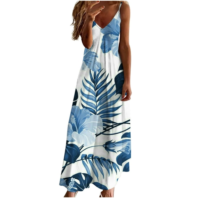SMihono Clearance Sling Beach Long Dresses for Women Womens Skinny Slim  Fashion Sling Mid Waist V-Neck Sleeveless Floral Color Contrast Patchwork  Print Female Outwear Light Blue S 