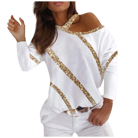 SMihono Summer Women's Fashion Shirts Trendy Clothing for Women Gold Sequins Print Tops Asymmetrical Neck Pullover Classic Comfy Off the Shoulder T-Shirt Long Sleeve Blouse White 14