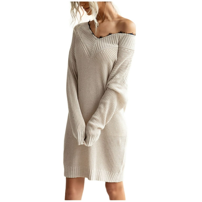 Women's loose solid long-sleeved stitching lace knit dress Women's loose solid long-sleeved stitching lace knit dress