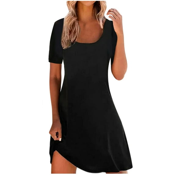 SMihono Swing Mini Short Dresses for Women Skinny Slim Square Neck Short Sleeve Tunic Sun Dresses Solid Color Female Outwear Black S
