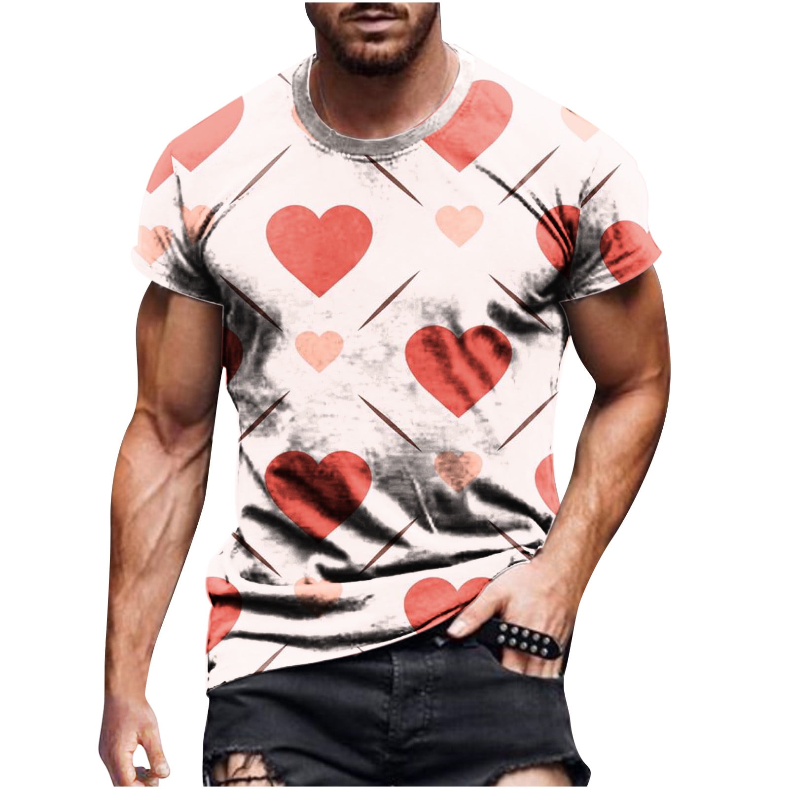 SMihono Clearance T Shirts for Men Valentines Day Gifts Loose Fit Casual  Fitness Sports Crew Neck Short Sleeve Blouse Patchwork Graphic Print Love  Heart Print Male Leisure Wine 8 