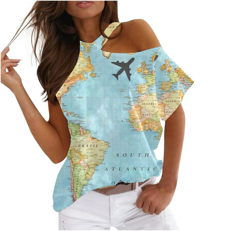 SMihono Clearance Tunic T Shirts for Women Map Print Summer Trendy Short  Sleeve Fashion Ladies Blouse Tops Loose Fit Casual Cold Shoulder Asymmetric