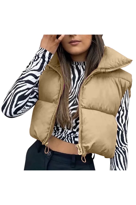 Stylish Winter Cropped Short Vest Coat Lightweight Sleeveless Warm Vest Padded Gilet Tops Coat Womens Plus Female Outerwear Khaki M