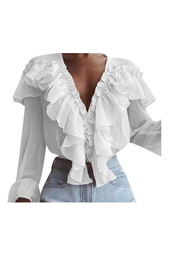 Women's Fashion Shirts Ruffle V-Neck Pullover Trendy Clothing for Women Classic Comfy T-Shirt Solid Slim Fit Chiffon Tops Long Sleeve Blouse White 8-10