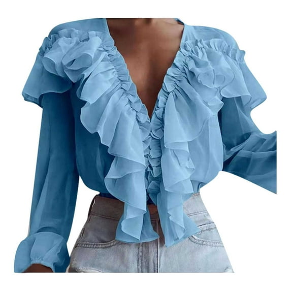 SMihono Women's Fashion Shirts Ruffle V-Neck Pullover Trendy Clothing for Women Classic Comfy T-Shirt Solid Slim Fit Chiffon Tops Long Sleeve Blouse Blue 8-10