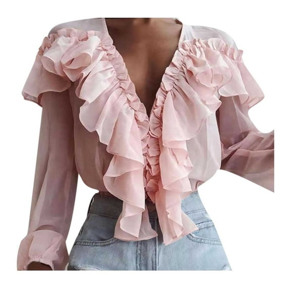 SMihono Women's Fashion Shirts Ruffle V-Neck Pullover Trendy Clothing for Women Classic Comfy T-Shirt Solid Slim Fit Chiffon Tops Long Sleeve Blouse Pink 10-12