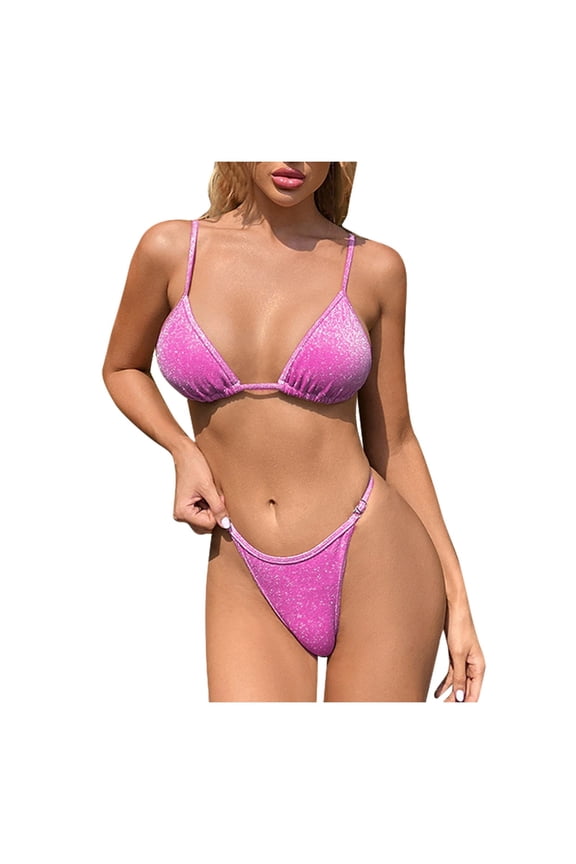 Women's Sexy Pink Glitter Triangle Adjustable Straps Push-Up Padded Bikini Set Triangle Brazilian Swimsuit Two-Piece Bathing Suits Hot Pink 4