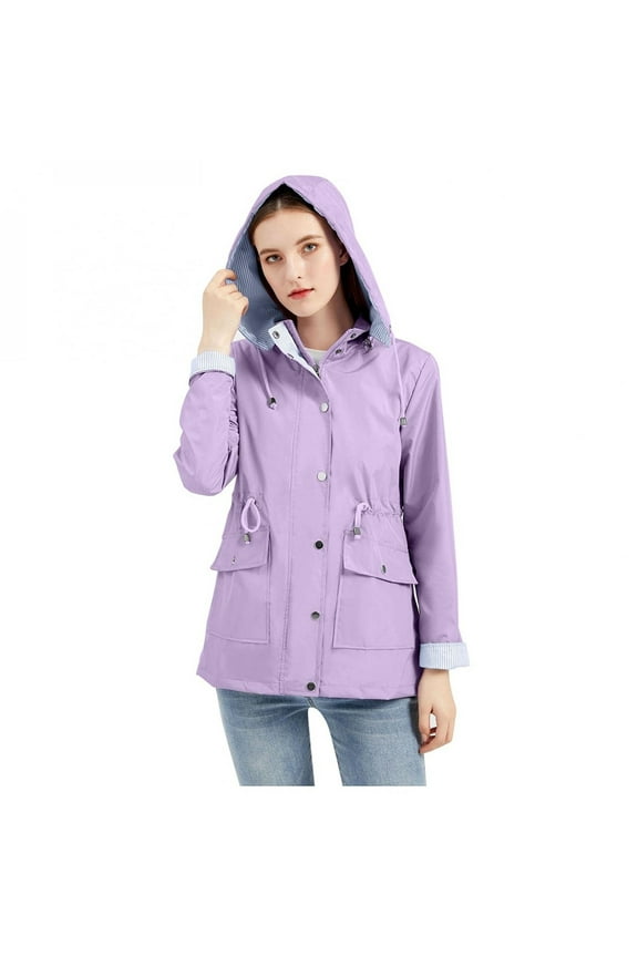 Women's Solid Color Rain Waterproof Jacket With Removable Hoodie Casual Lightweight Windbreaker Outdoor Long Sleeve Slim Fit Tunic Walking Midi Coat Female Outerwear Purple XXL
