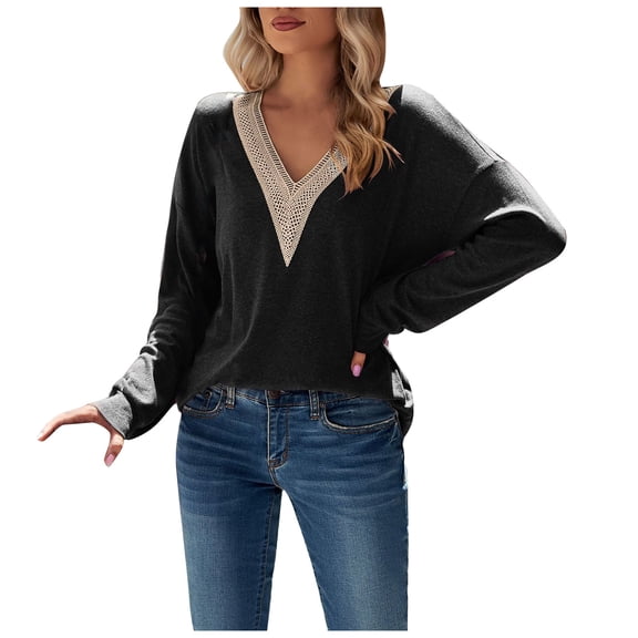 SMihono Womens Casual Shirts Long Sleeve Solid Lace V-Neck Pullover Tops Womens Casual Patchwork Blouse Beige L Black 8