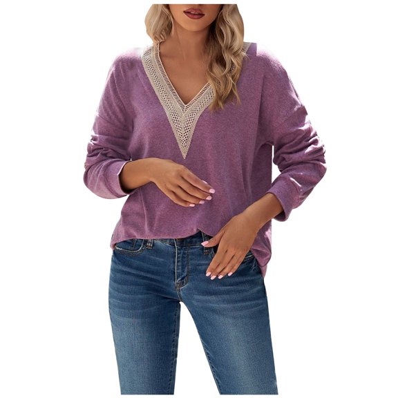 SMihono Womens Casual Shirts Long Sleeve Solid Lace V-Neck Pullover Tops Womens Casual Patchwork Blouse Beige L Purple 4