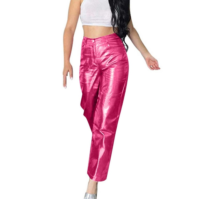 SMihono Clearance Womens Faux Leather Pants Elastic High Waisted Leather  Straight Leg Shinny Trousers Workout Palazzo Pants With Pockets Full Length  Trousers for Teen Girls Hot Pink 6 