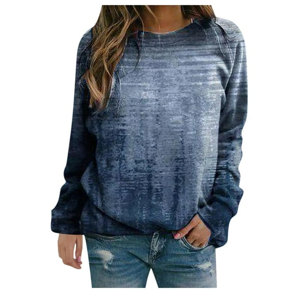 SMihono Womens Plus Casual Print Sweatshirts Thermal Crew Neck Long Sleeve T Shirts Loose Comfort Female Outerwear Blue S