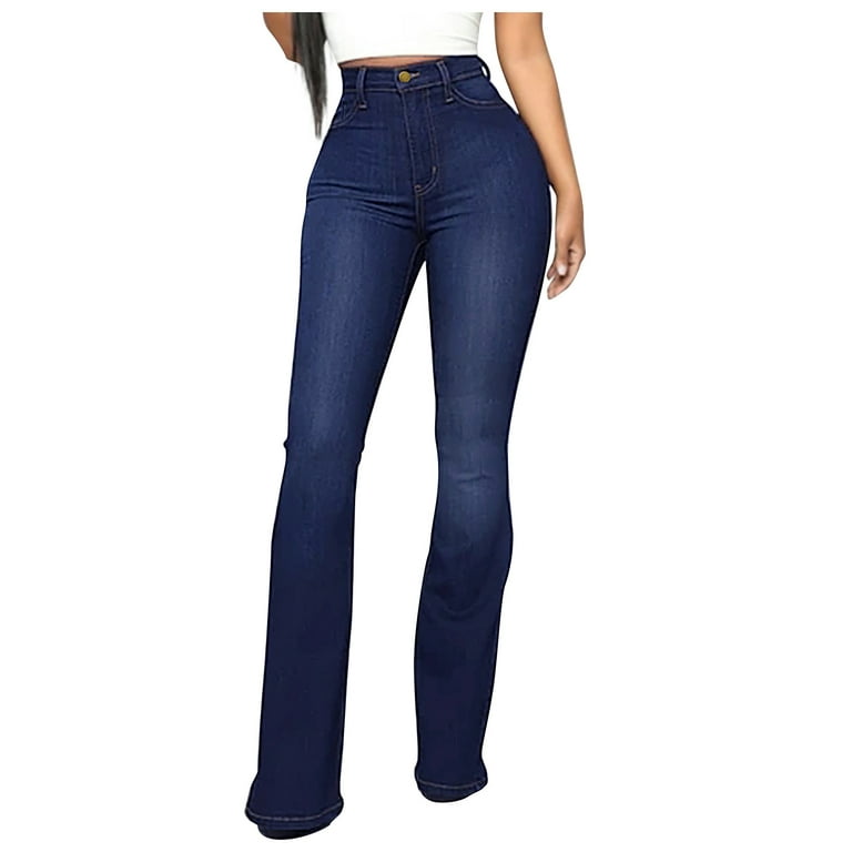 SMihono Clearance Young Womens Plus Size Full Length Jeans Women Classic  High Waist Horseshoe Pants Micro Horn Slimming and Sexy Pants Dark Blue 8