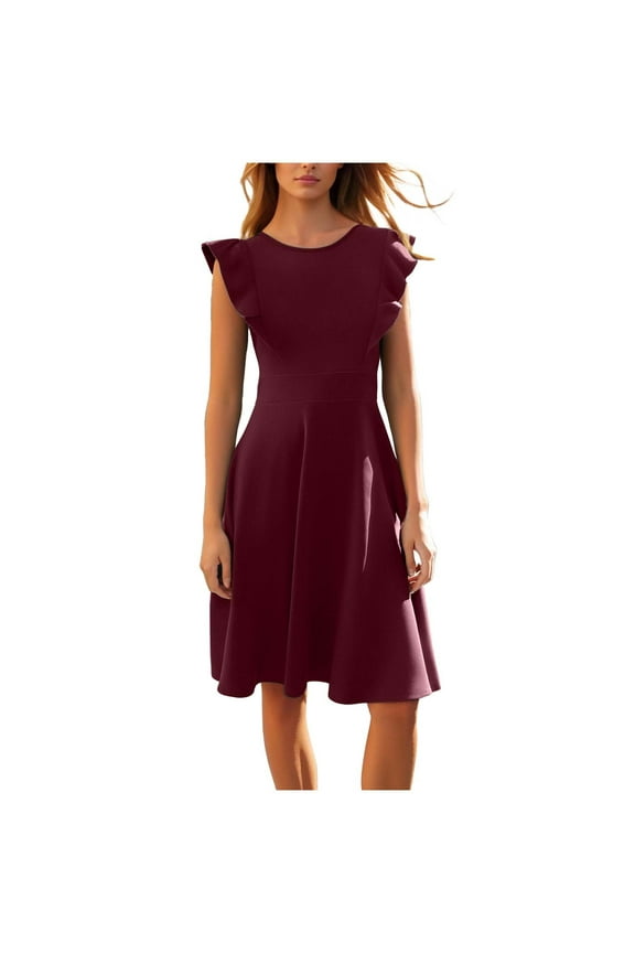 Cocktail Dresses for Women Elegant A Line Ruffle Hem Short Flutter Sleeve Wedding Guest Midi Dress Flowy Sundress Red XL
