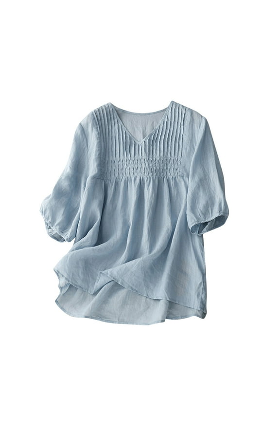 Cotton Linen Babydoll Shirts for Women 2024 Drop Shoulder Short Sleeve Shirts Summer Fashion Vacation Loose Fit Leisure Comfy Blouse Round Neck Tops Workout Vintage Solid Basic Tees Blue 10