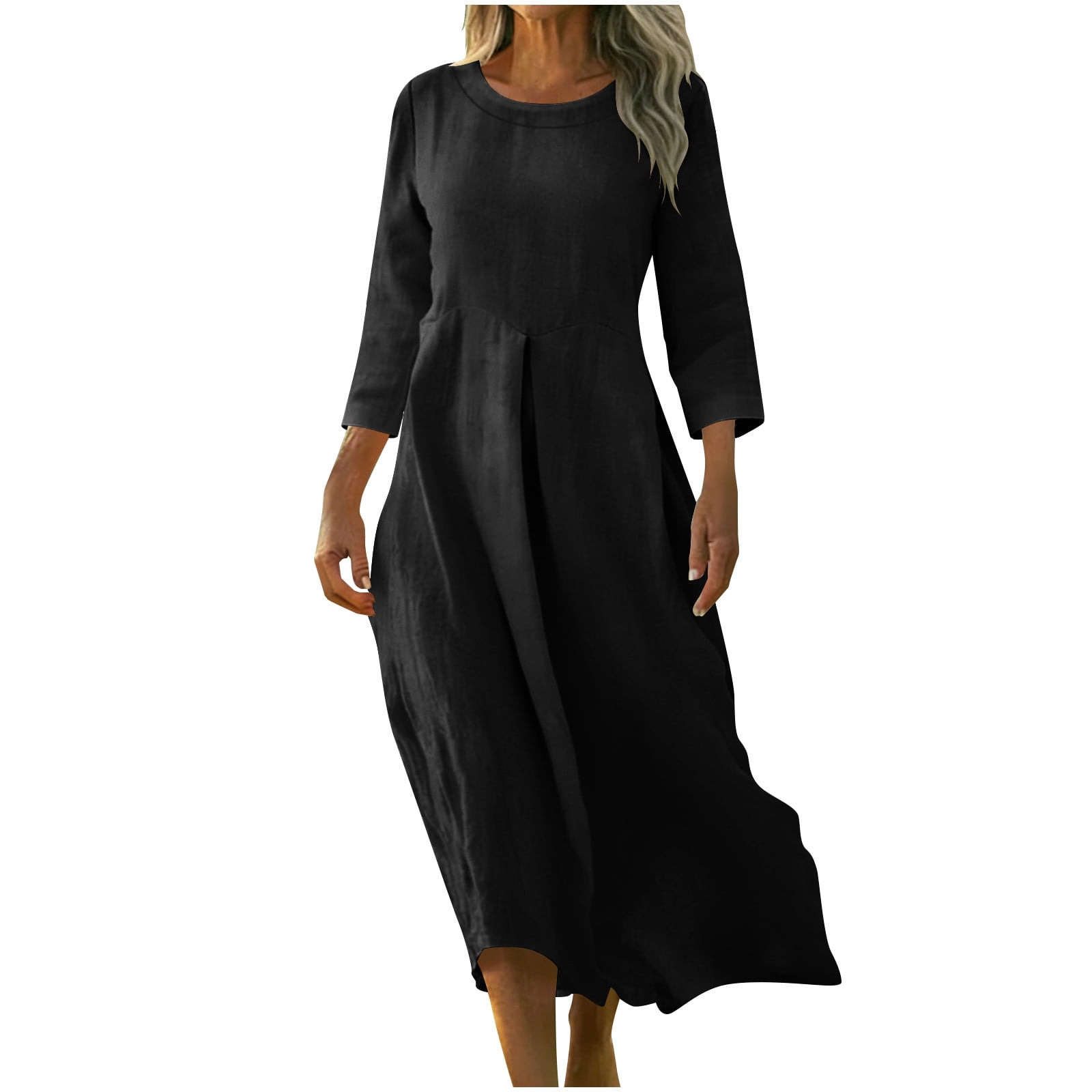SMihono Cotton Linen Dress for Women 2026 Summer Trendy V Neck Button 3/4 Sleeves Cotton Dresses Modest Maxi Beach Vacation Gauze Sundress Brown M