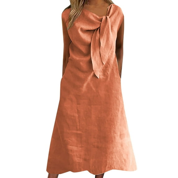 SMihono Cotton Linen Dress for Women Solid Color Round Neck Sleeveless Sundress Fashion 2025 Pleated Dresses with Pocket Orange XL