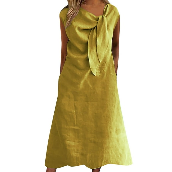 SMihono Cotton Linen Dress for Women Solid Color Round Neck Sleeveless Sundress Fashion 2025 Pleated Dresses with Pocket Yellow XXXL