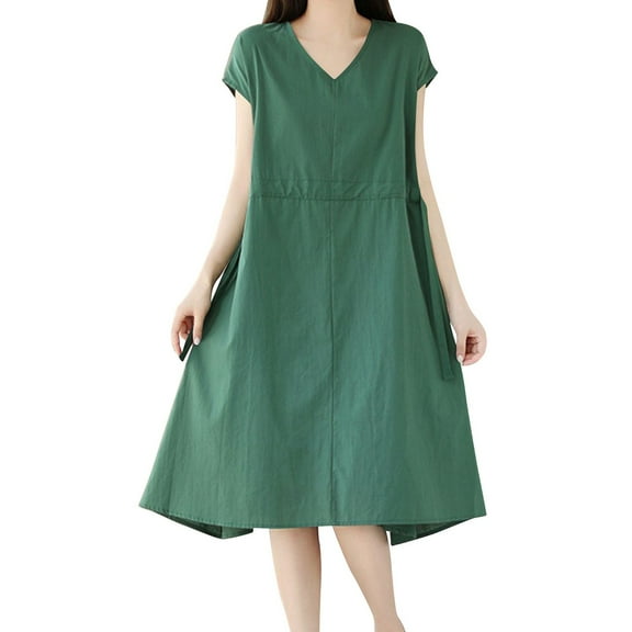 SMihono Cotton Linen Dress for Women V Neck Short Sleeve Flowy Swing Dresses Summer Casual Loose Fit Midi Tunic Dress Army Green XL