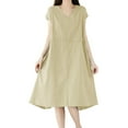 thumbnail image 1 of SMihono Cotton Linen Dress for Women V Neck Short Sleeve Flowy Swing Dresses Summer Casual Loose Fit Midi Tunic Dress Beige XL, 1 of 9