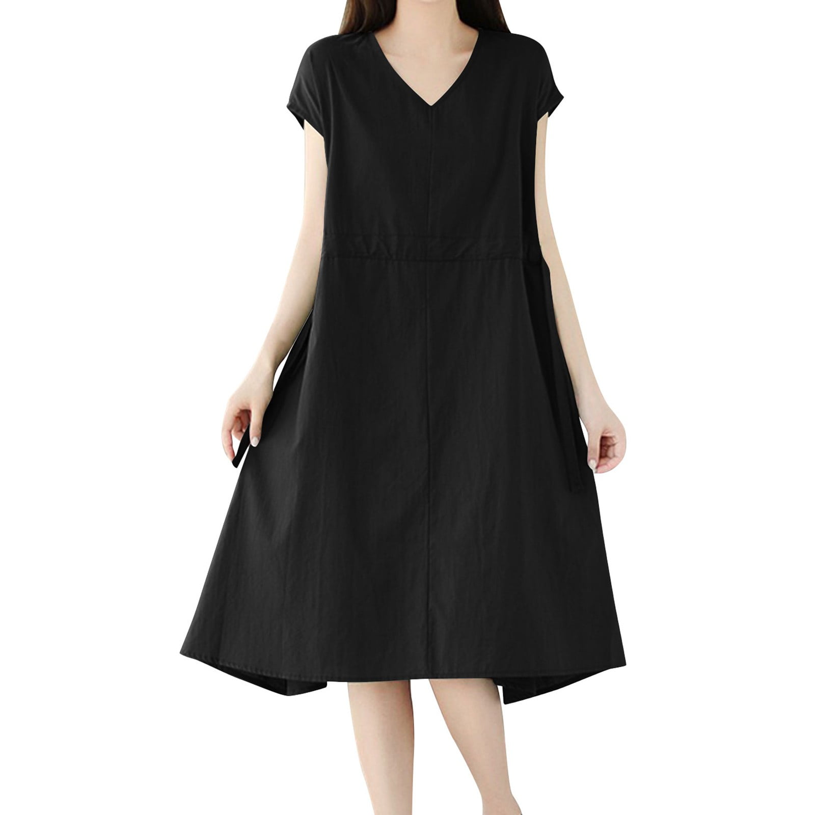 chinese dress ladies Womens Casual A-line Lantern 3/4 Sleeve Maxi Linen Dress Swing Flowy High  Waist Modest Beach Long Ruched Dresses with Pockets Black at Amazon Women's  Clothing store main image 1