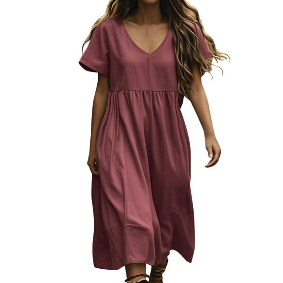 SMihono Cotton Linen Dresses for Women 2025 Short Sleeve V Neck Maxi Dress Casual Summer Boho Beach Long Dress Vacation Clothes Wine XXL