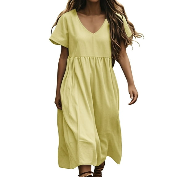 SMihono Cotton Linen Dresses for Women 2025 Short Sleeve V Neck Maxi Dress Casual Summer Boho Beach Long Dress Vacation Clothes Yellow M