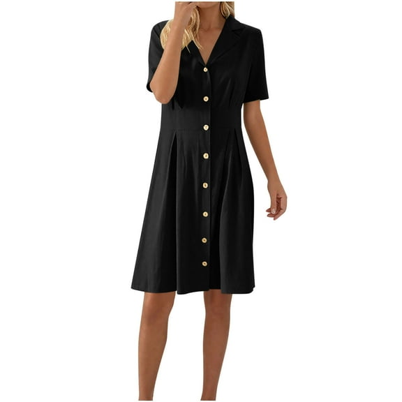 SMihono Cotton Linen Dresses for Women Button Down Shirt Dress Long Sleeve V Neck Dressy Casual Mini Dresses with Pockets Black S