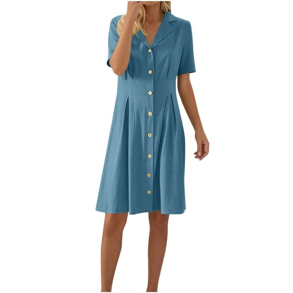 SMihono Cotton Linen Dresses for Women Button Down Shirt Dress Long Sleeve V Neck Dressy Casual Mini Dresses with Pockets Blue L