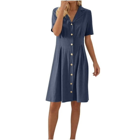 SMihono Cotton Linen Dresses for Women Button Down Shirt Dress Long Sleeve V Neck Dressy Casual Mini Dresses with Pockets Navy S