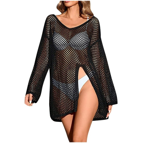 SMihono Crochet Swim Coverup for Women, Long Sleeve Bikini Cover ups Swimsuit Beach Hollow Out Mesh Knit Bathing Suit Swimwear Black Free Size