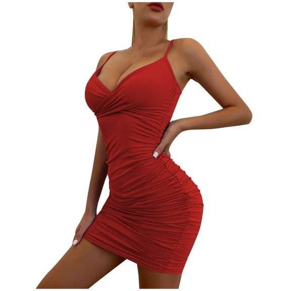SMihono Cut Out Bodycon Dress for Women Deep V Neck Tie Front Ruffle Hem Sexy Mini Dress Clubwear Summer Party Dresses Red M