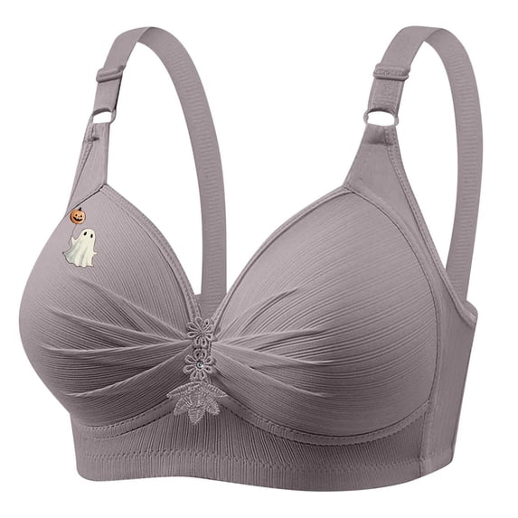 SMihono Cute Ghost Print Bra for Older Women for Sagging Breast No Underwire Lace Gather Bras Comfort Front Pleated T Shirt Bralette Gray L