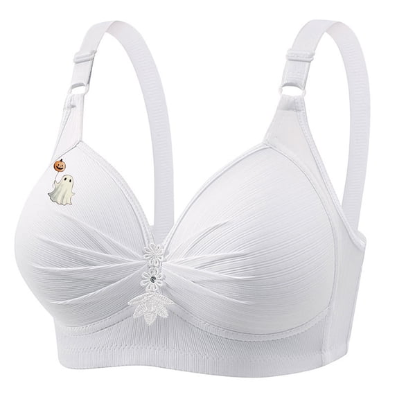 SMihono Cute Ghost Print Bra for Older Women for Sagging Breast No Underwire Lace Gather Bras Comfort Front Pleated T Shirt Bralette White XXL