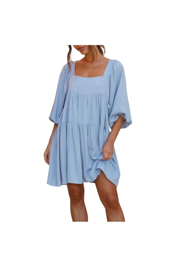 Cute Loose Shift Dress for Women Square Neck Ruffle Swing Babydoll Mini Long Sleevee Dress with Pockets Blue S