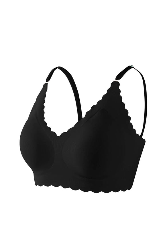 Cute Scalloped Bras for Women No Underwire Seamless Comfort Bralettes for Women with Support Everyday Plunge Bra Black S