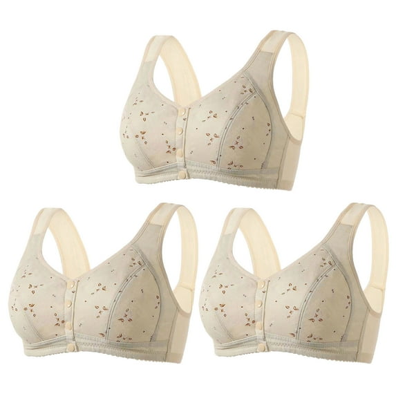 SMihono Daisy Bras for Older Women 3 Pack Front Closure Wireless Bra Senior Comfort Snap Sleep Bra Beauty Back Everyday Bras Khaki 6