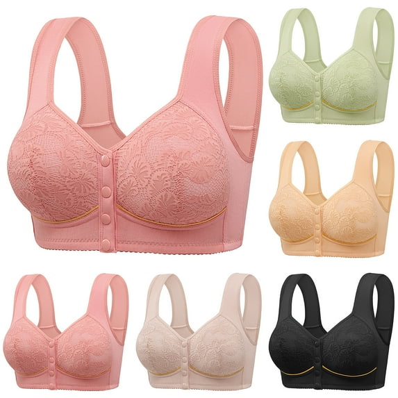 SMihono Daisy Bras for Seniors Older Women Front Closure Bras Push Up Bra No Underwire Plus Size Front Button Bra Breathable Beige 44/100