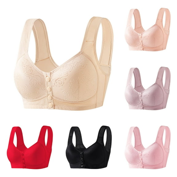 SMihono Daisy Bras for Women Front Closure Full Coverage Seniors Bras Wireless Button Stretchy Anti Sagging Soft Feel Bras Beige XXL US(12)