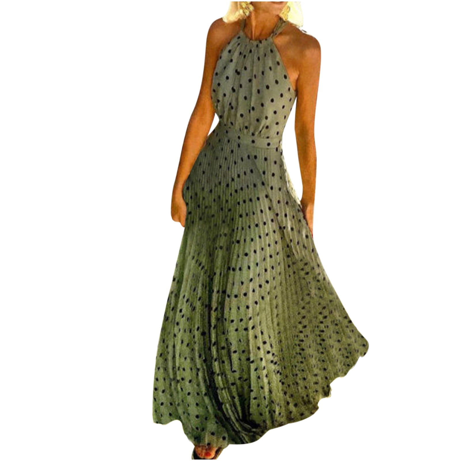 SMihono Deals 2024 Women's Halter Neck Polka Dot Print Pleated Maxi Dress  Sleeveless Round-Neck Dress Green 8 - Walmart.com